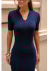 Vestido Midi de Tricot Modal Manga Curta Feminino Azul Marinho