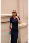 Vestido Midi de Tricot Modal Manga Curta Feminino Azul Marinho
