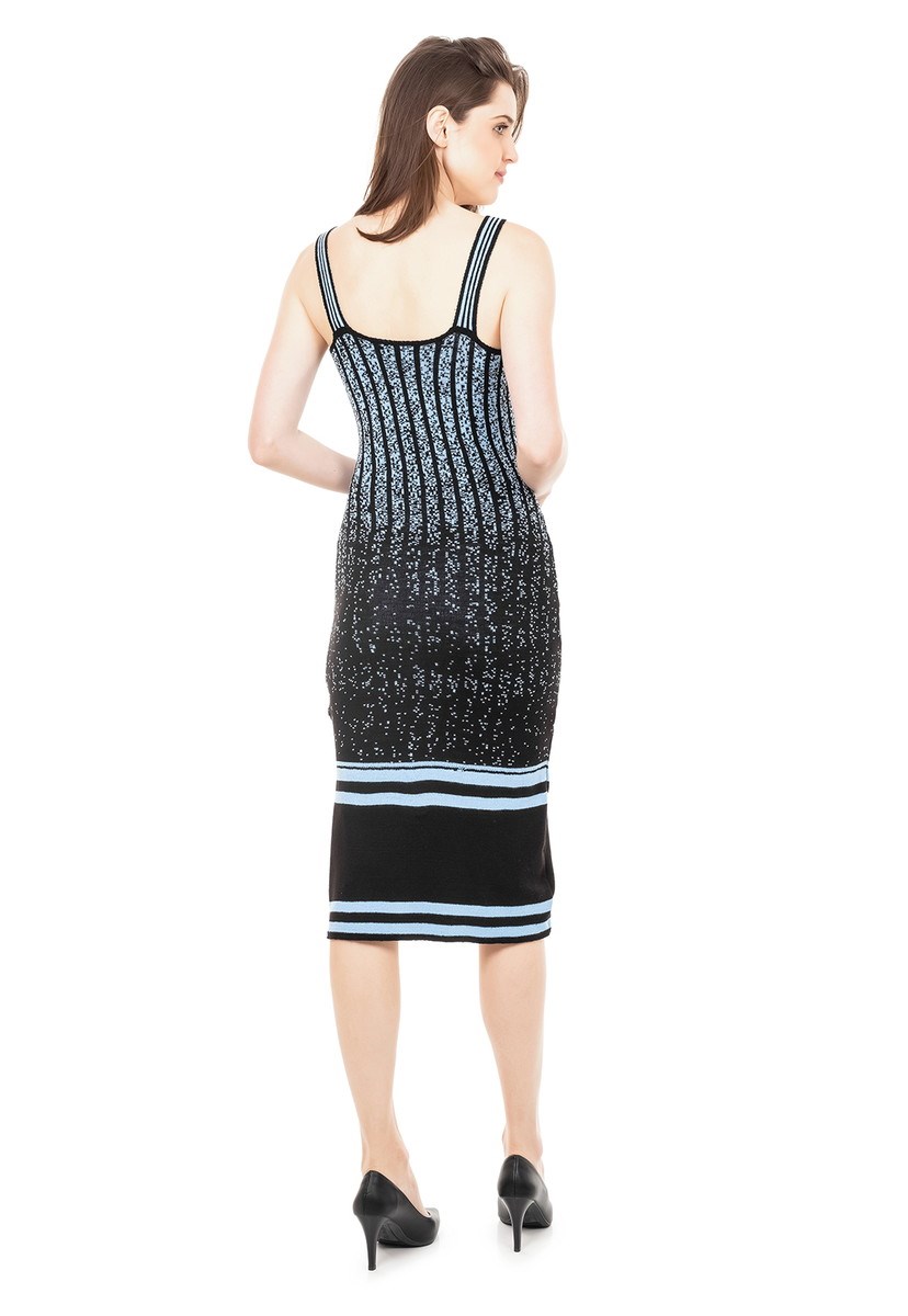 Vestido Midi de Tricot Modal Mesclas e Listras Feminino Preto/Azul Claro