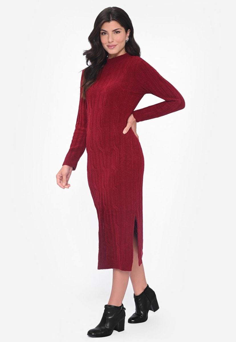 Vestido Midi de Tricot Mousse Trançado e Fenda Feminino Vermelho