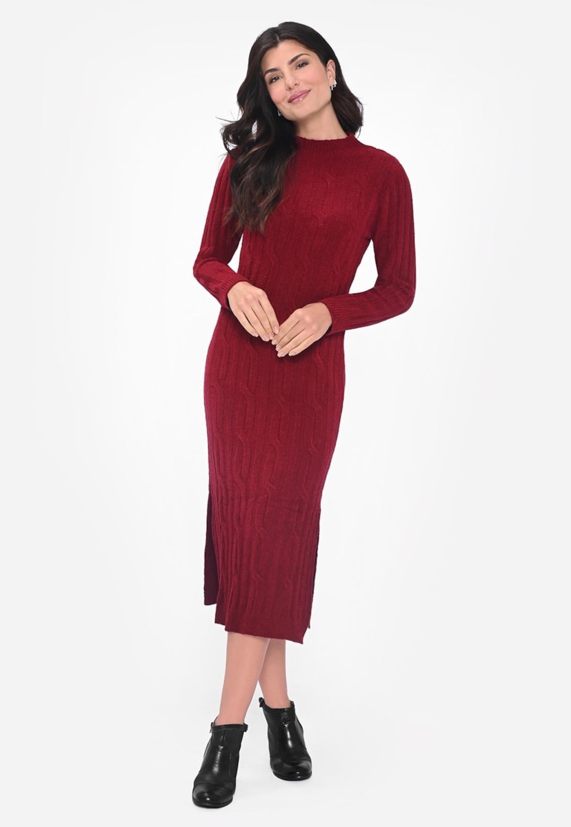 Vestido Midi de Tricot Mousse Trançado e Fenda Feminino Vermelho