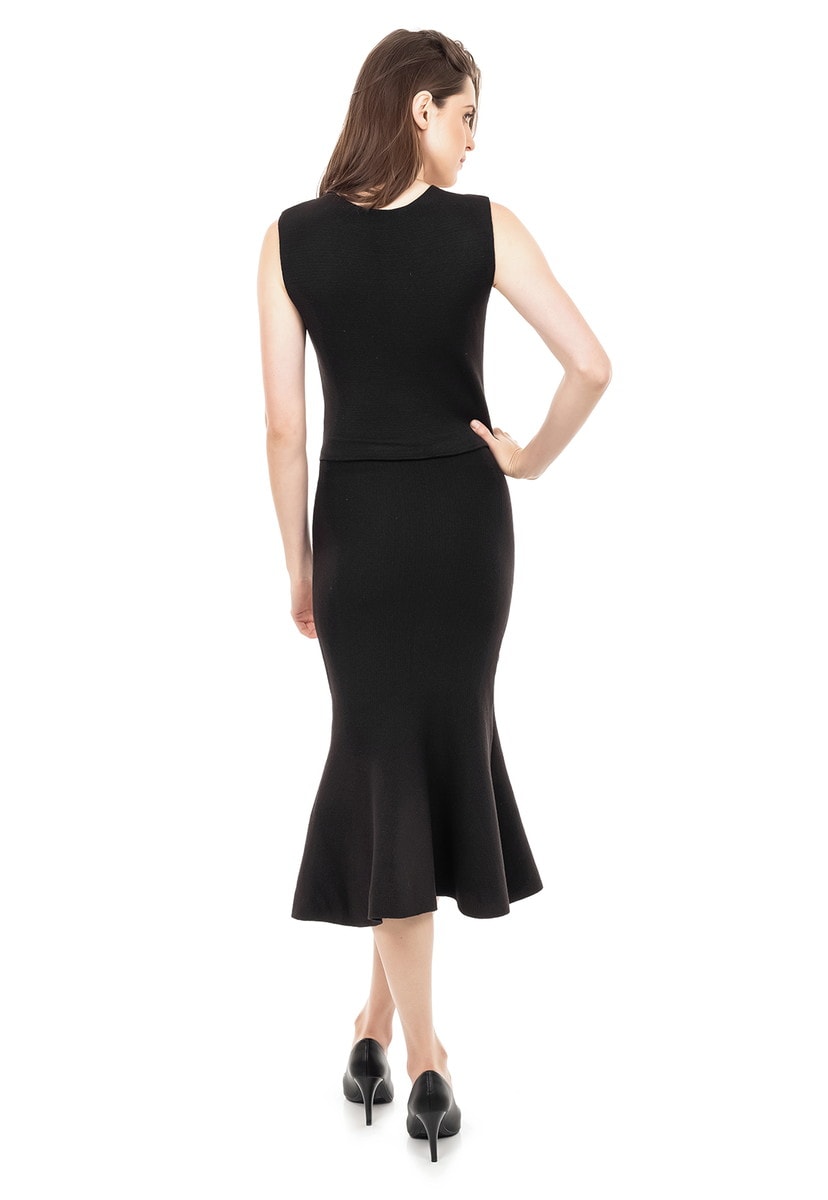 Vestido Midi de Tricot Tricô Modal Listrado Feminino Preto