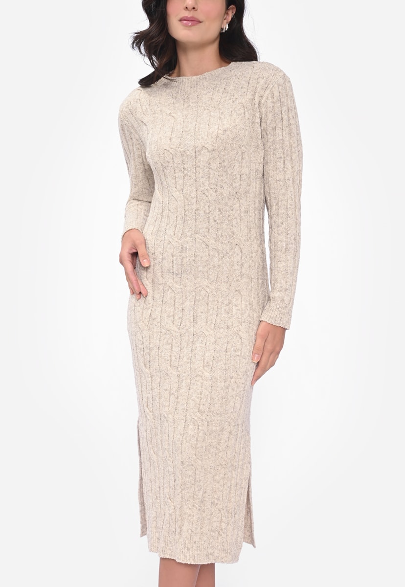 Vestido Midi Feminino Manga Longa de Tricot Mousse Inverno de Bege