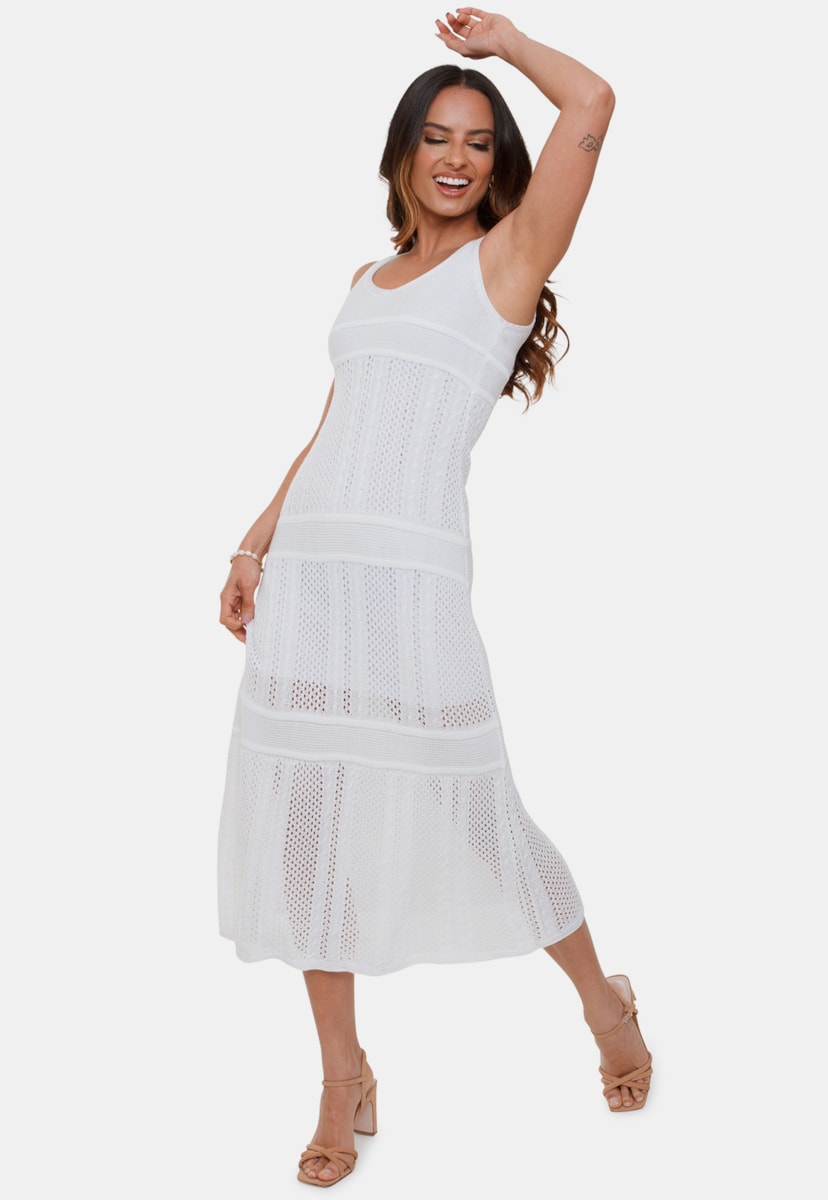 Vestido Midi Longuete Pink Tricot Renda Marina Decote V de Tricô Feminino Branco