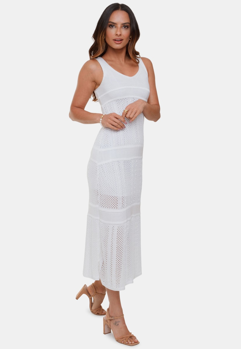 Vestido Midi Longuete Pink Tricot Renda Marina Decote V de Tricô Feminino Branco
