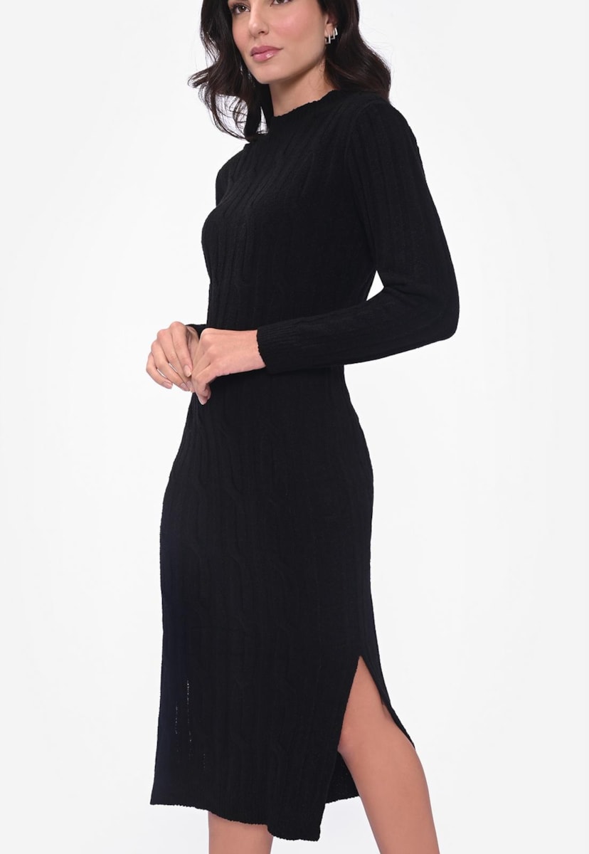 Vestido Midi Manga Longa de Tricot Mousse Trançado Feminino Preto
