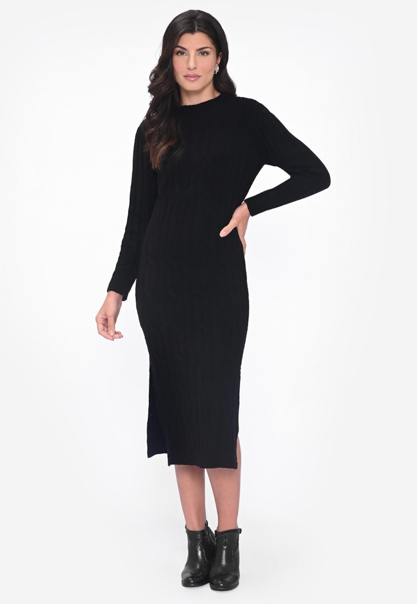 Vestido Midi Manga Longa de Tricot Mousse Trançado Feminino Preto