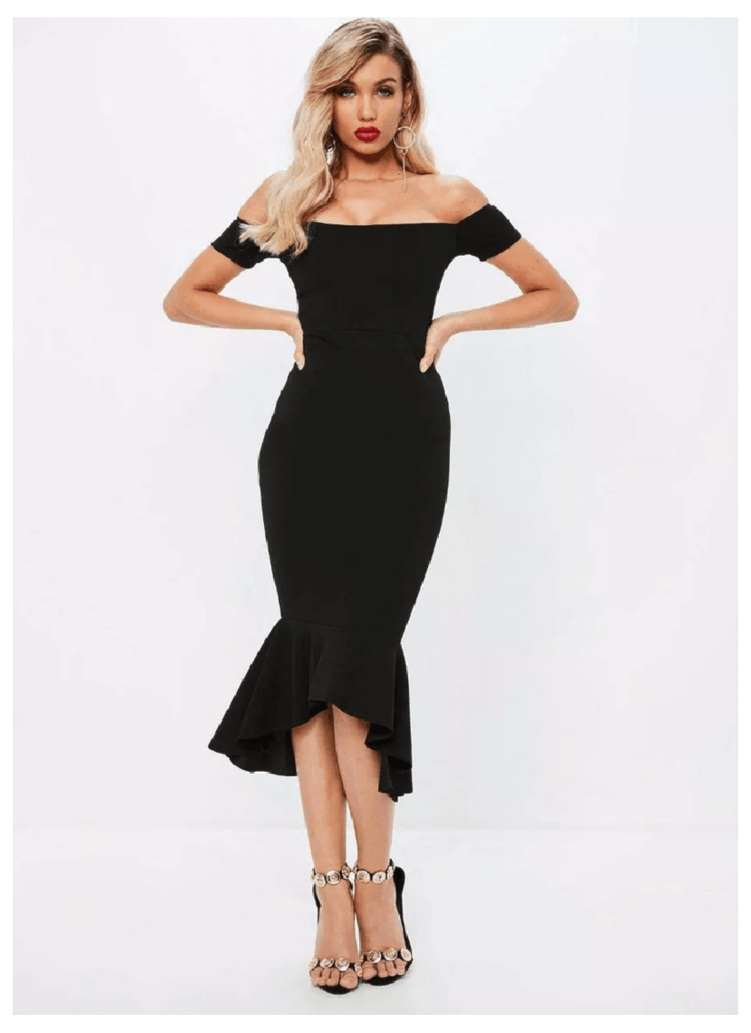 Vestido Midi Ombro a Ombro Mullet de Festa Preto