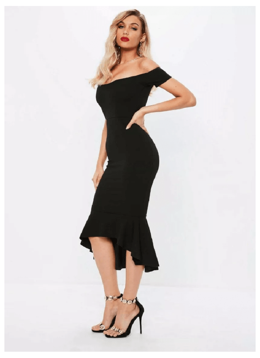 Vestido Midi Para Festa De Formatura Ombro a Ombro Mullet de Festa Preto