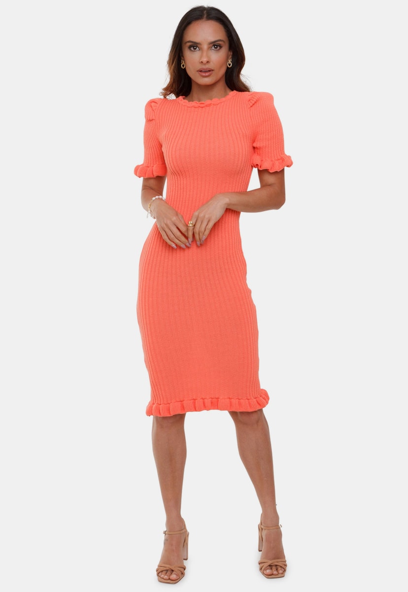 Vestido Midi Pink Tricot Duda De Tircô Canelado Liso Com Manga Bufante Feminino Salmão
