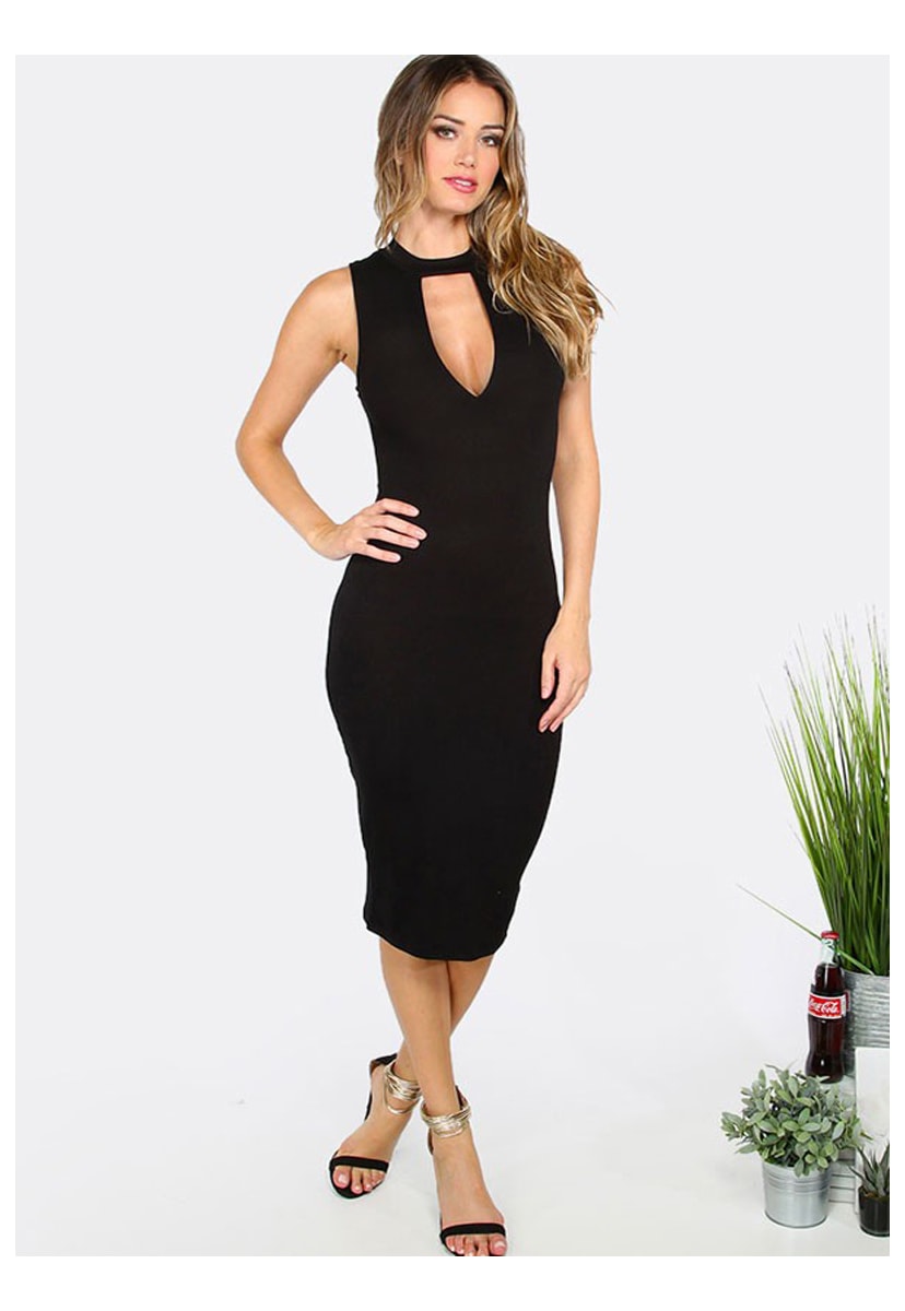 Vestido Midi Pink Tricot Tubinho com Decote Frontal de Festa Feminino Preto