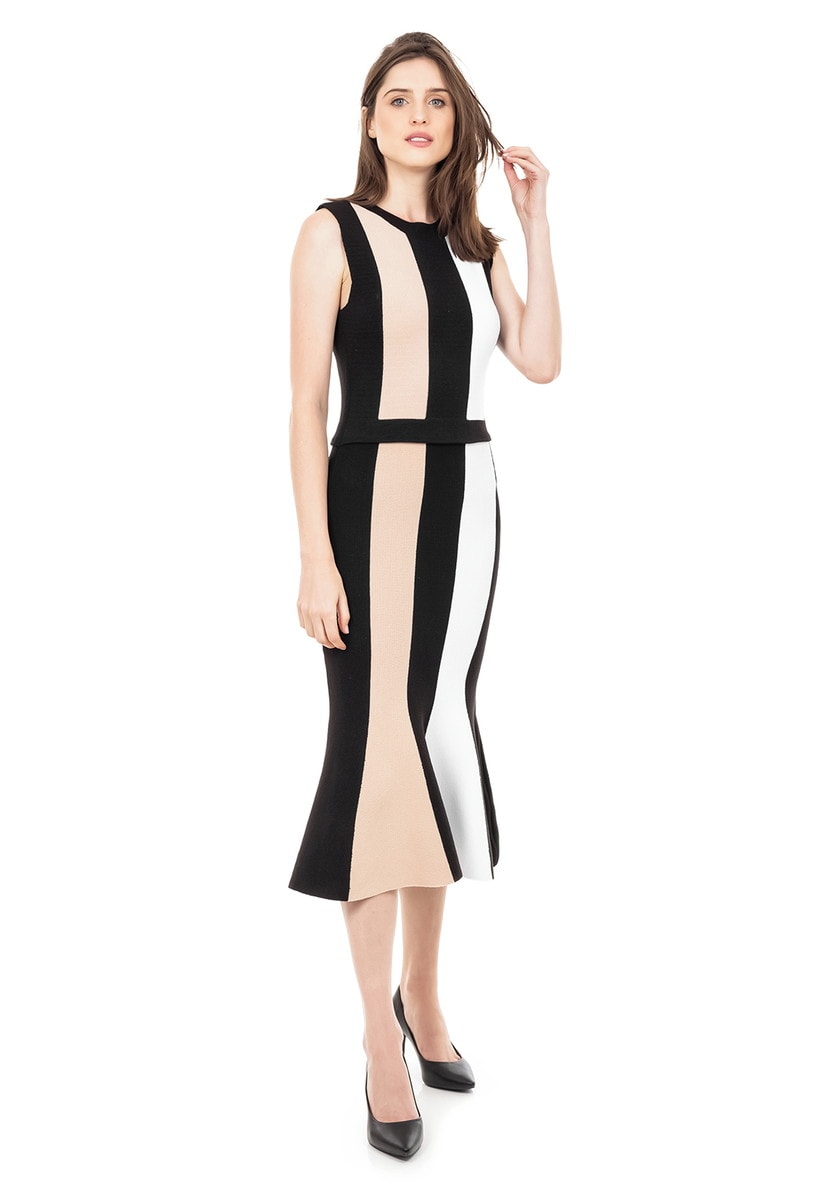 Vestido Midi Pink Tricot Tubinho de Tricô Modal Listrado Feminino Preto
