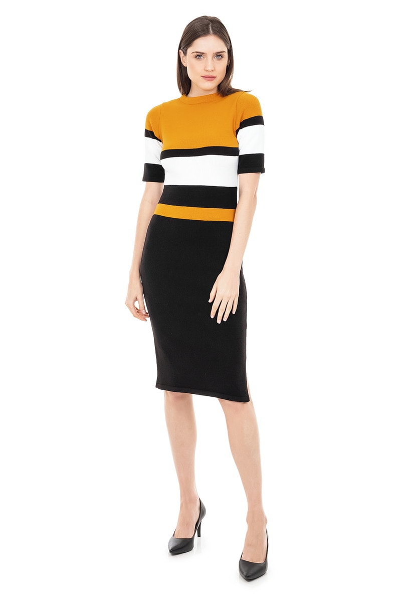 Vestido Midi Pink Tricot Tubinho de Tricô Modal Listras Fenda e Manga Curta Feminino Mostarda/Preto/Branco