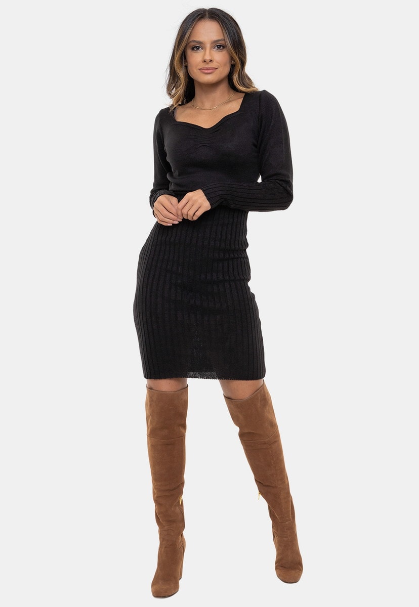 Vestido Pink Tricot Curto Linda Manga Longa de Tricô Modal Feminino Preto