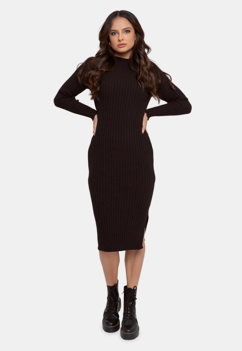 Vestido Pink Tricot de Tricô Canelado Manga Longa Feminino Preto