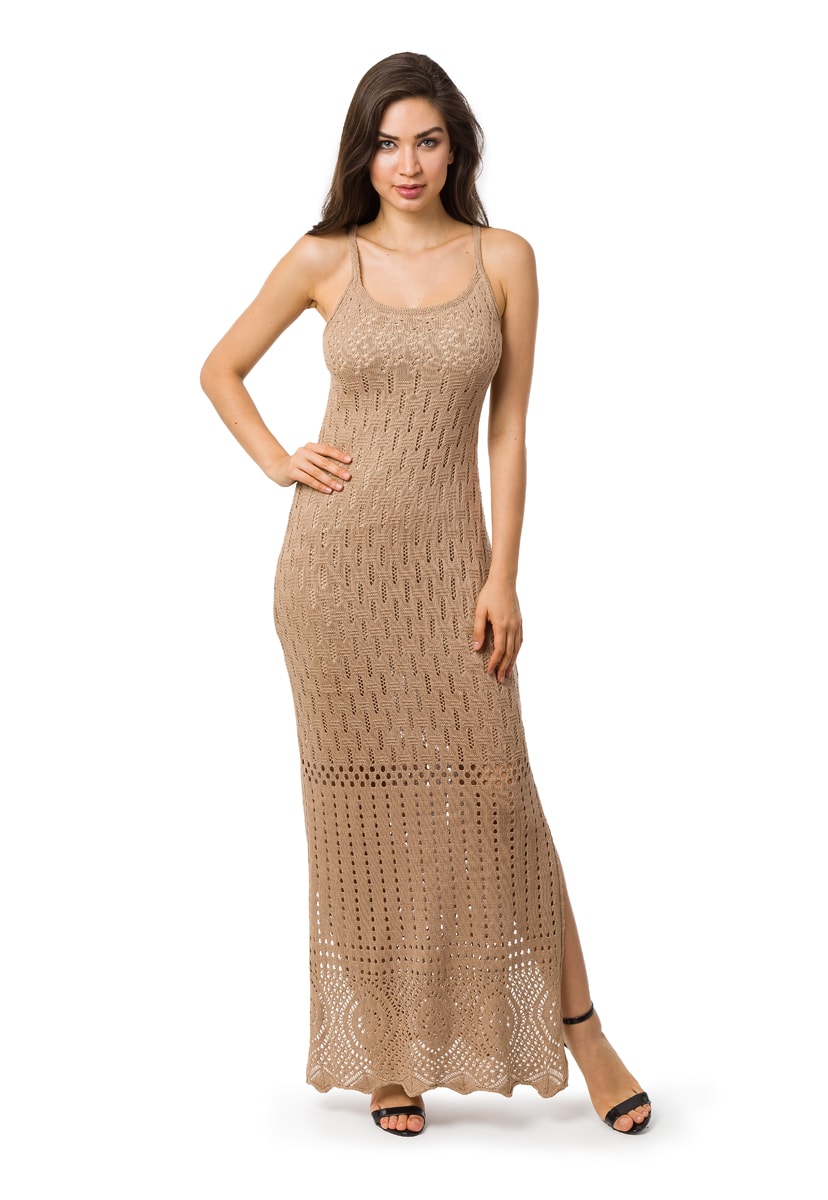 Vestido Pink Tricot De Tricô Para Festa De Formatura  Longo com Fenda Feminino Bege Escuro