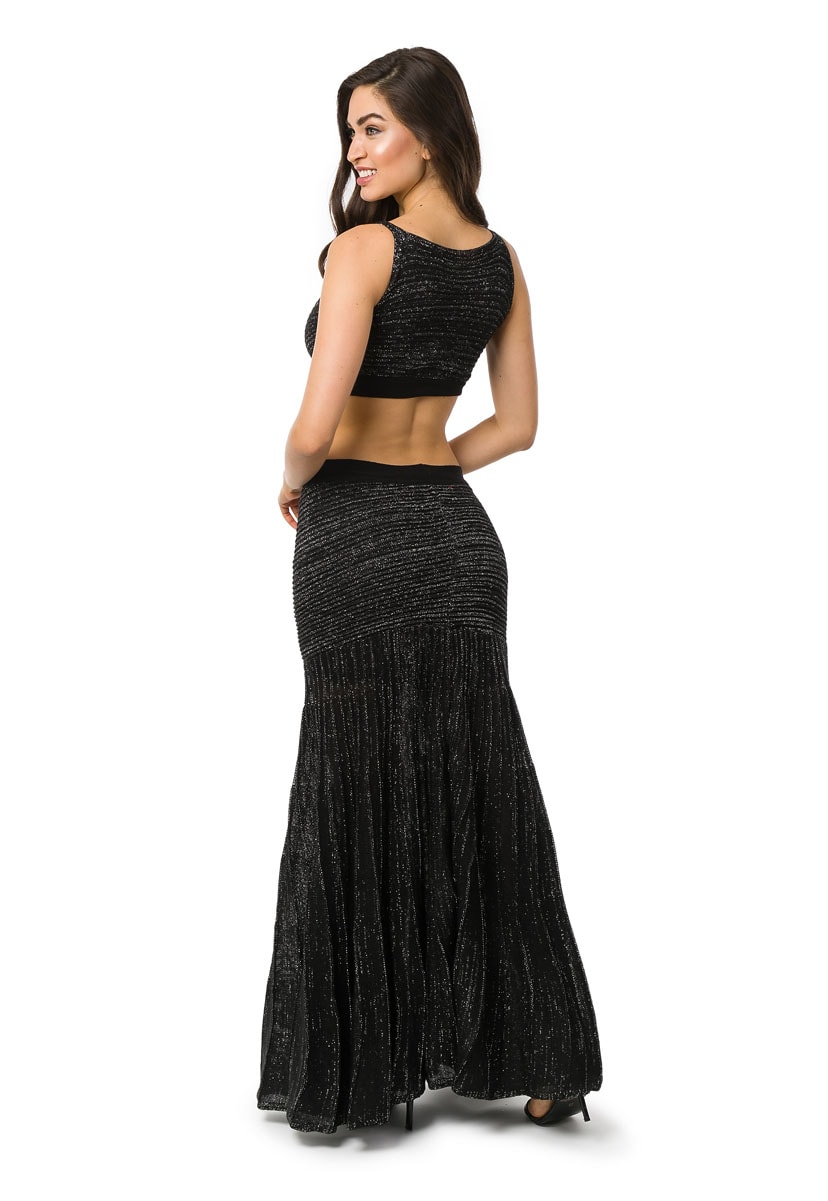 Vestido Pink Tricot Longo com Decotes na Cintura e Saia Plissada com Lurex Feminino Preto