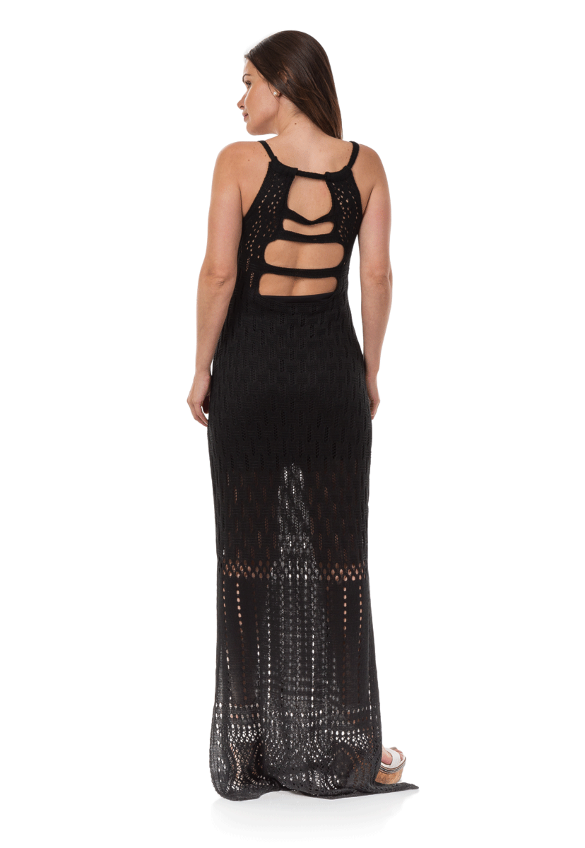 Vestido Pink Tricot Longo com Fenda Feminino Preto