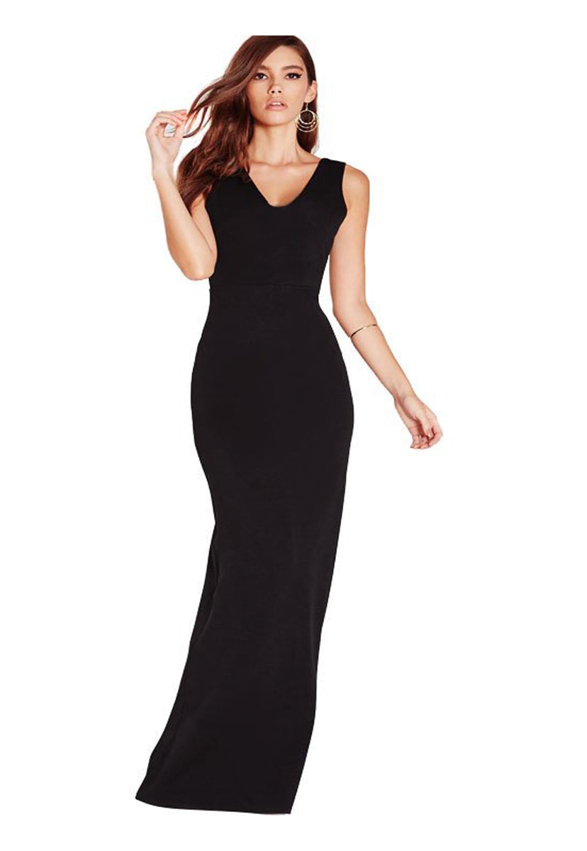 Vestido Pink Tricot Longo de Festa com Decote nas Costas Feminino Preto