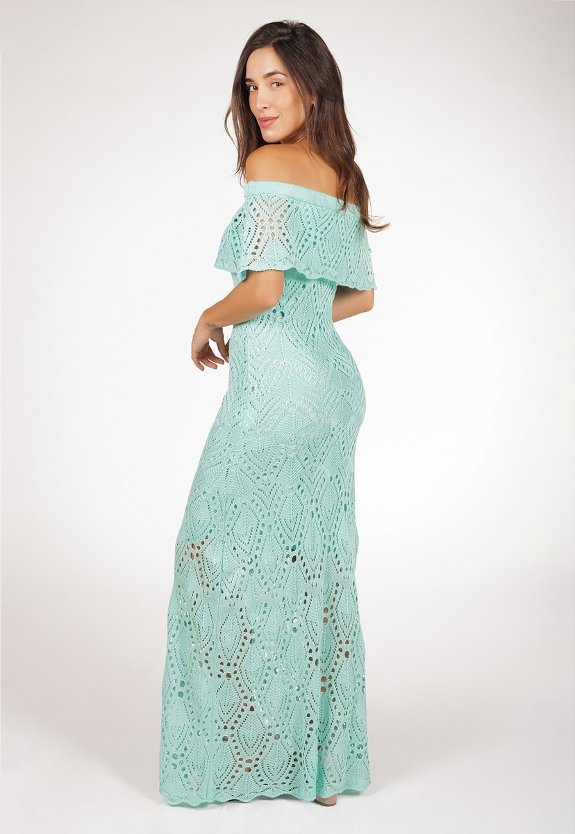 Vestido Pink Tricot Longo De Tricô Pala Ciganinha  Feminino Verde Claro