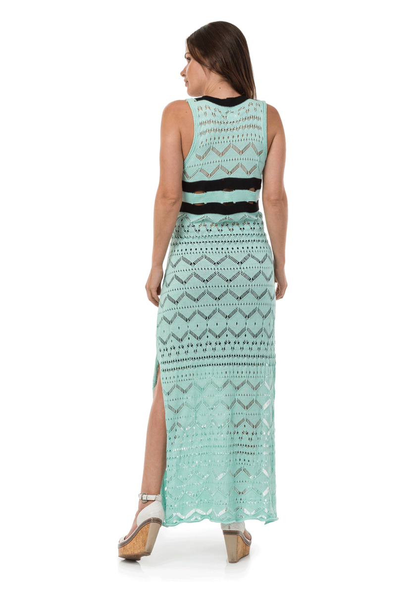 Vestido Pink Tricot Longo Decote Listrado Feminino