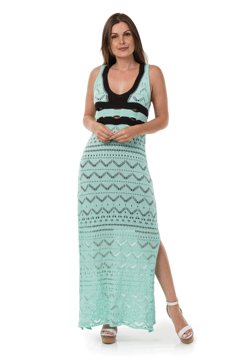 Vestido Pink Tricot Longo Decote Listrado Feminino