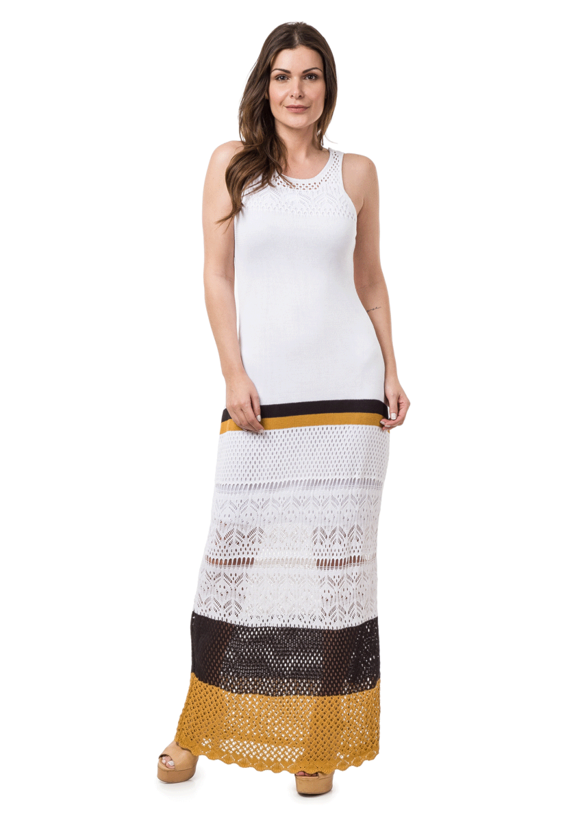 Vestido Pink Tricot Longo Listrado Feminino