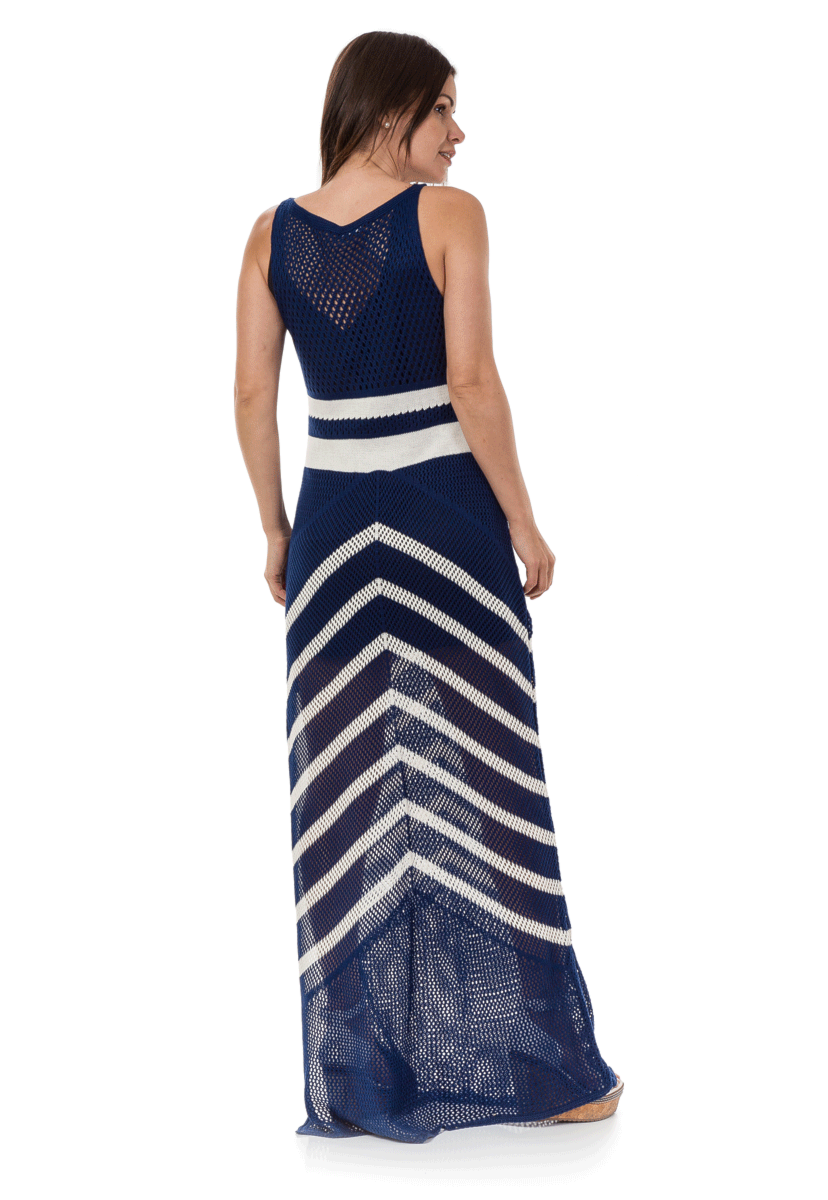 Vestido Pink Tricot Longo Listras Feminino Azul marinho
