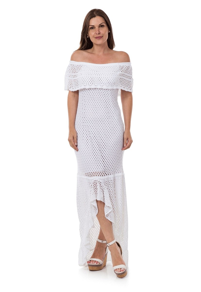 Vestido Pink Tricot Longo Ombro a Ombro com Fenda Feminino Branco