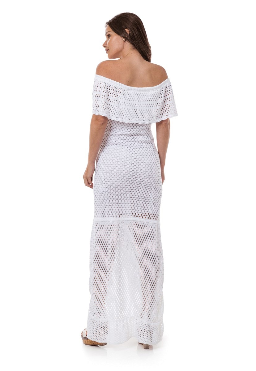 Vestido Pink Tricot Longo Ombro a Ombro com Fenda Feminino Branco