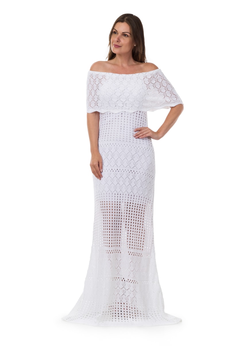 Vestido Pink Tricot Longo Ombro a Ombro Feminino Branco