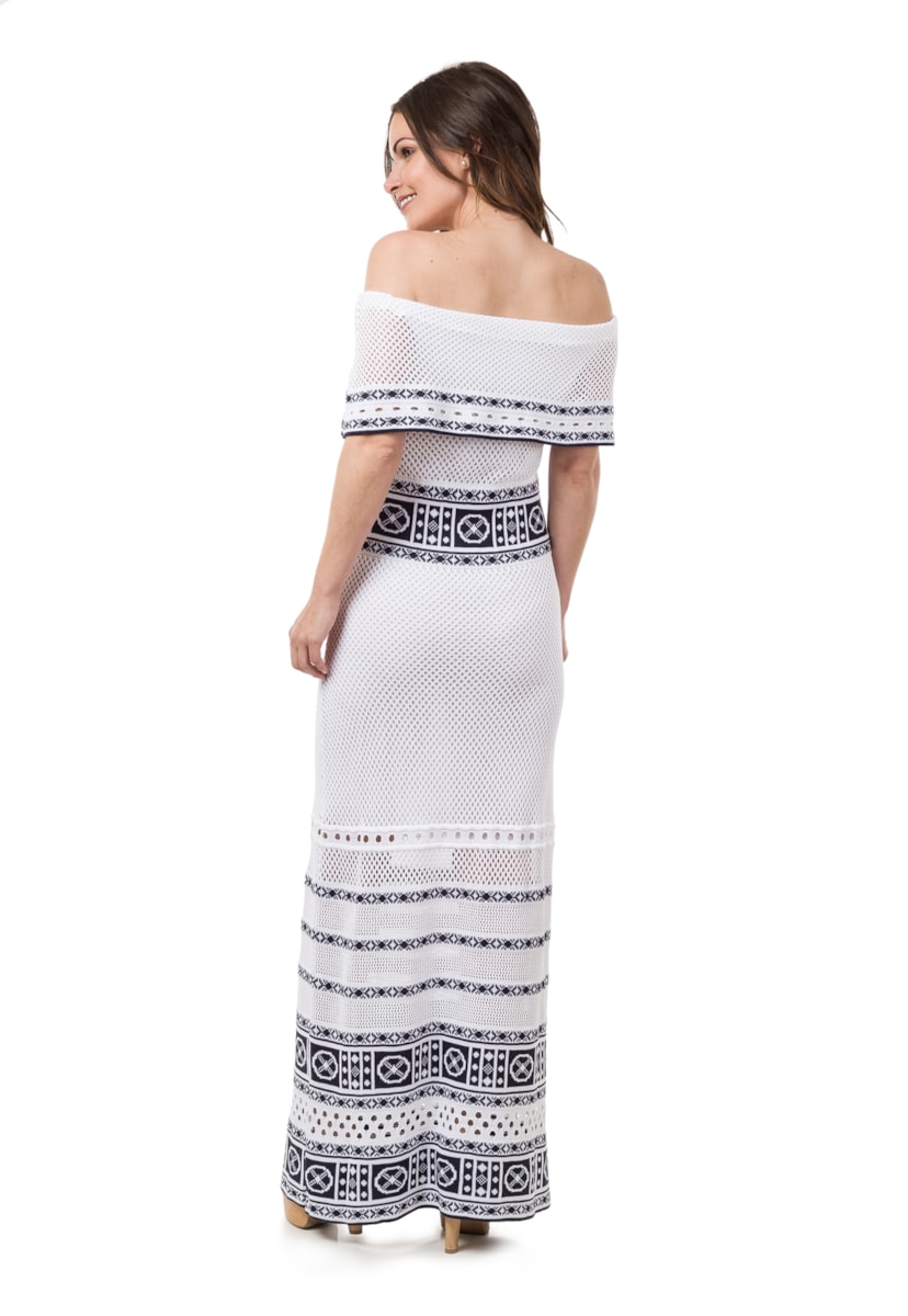 Vestido Pink Tricot Longo Ombro a Ombro Feminino Branco/Azul Marinho