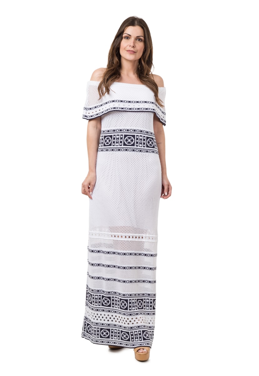 Vestido Pink Tricot Longo Ombro a Ombro Feminino Branco/Azul Marinho