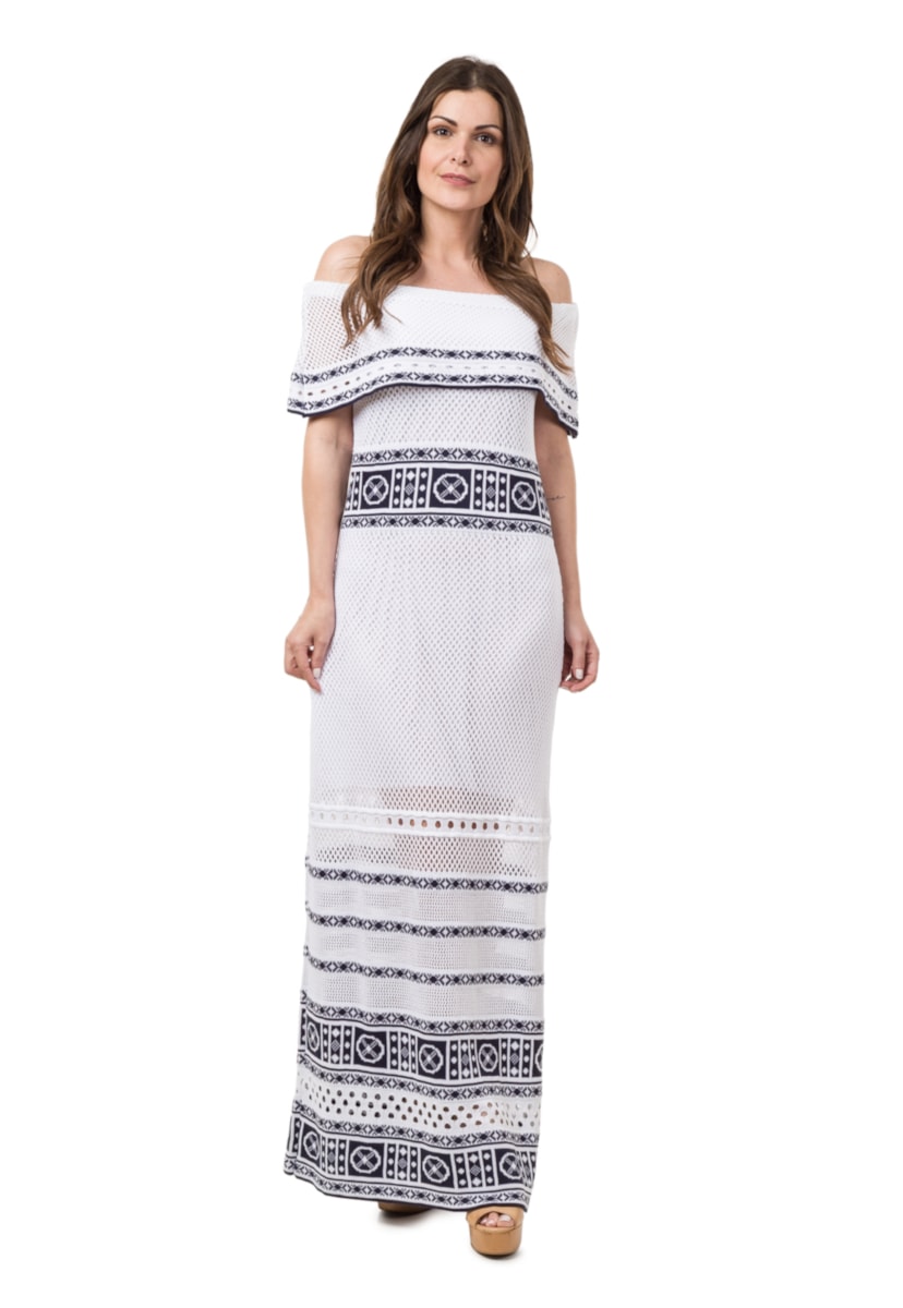 Vestido Pink Tricot Longo Para Gestante Ombro a Ombro Feminino Branco/Azul Marinho