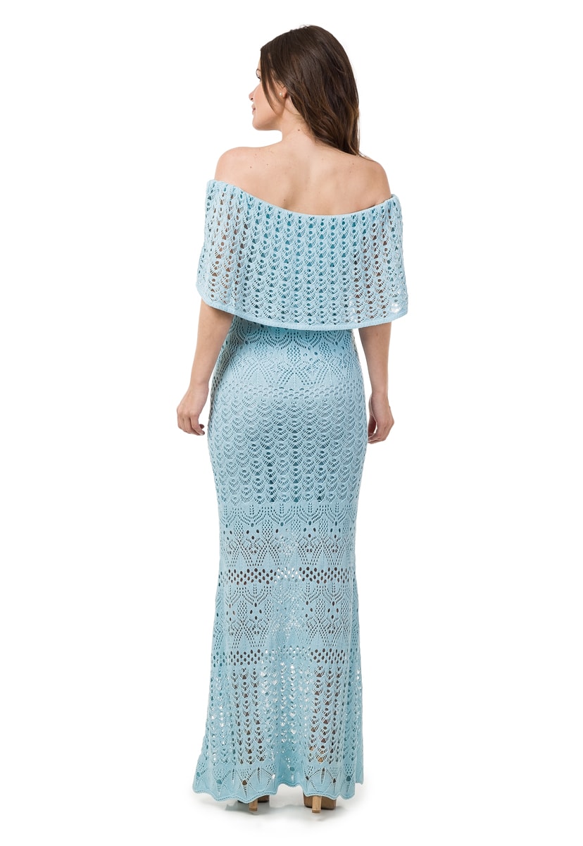 Vestido Pink Tricot Longo Para Gestante Ombro a Ombro Sereia Feminino Azul Claro