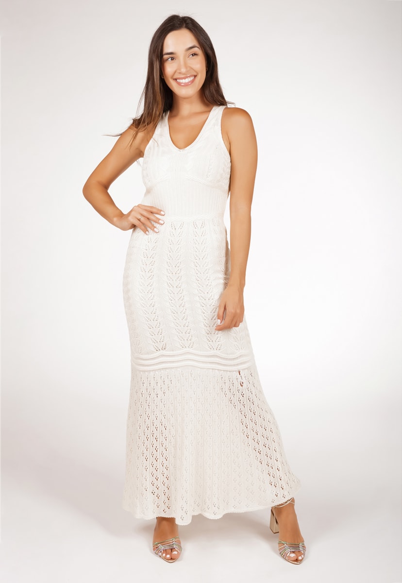 Vestido Pink Tricot Longo Para Gestantes Com Decote V E Frente Única Com Transpassado Nas Costas Rendado De Tricô Feminino Creme
