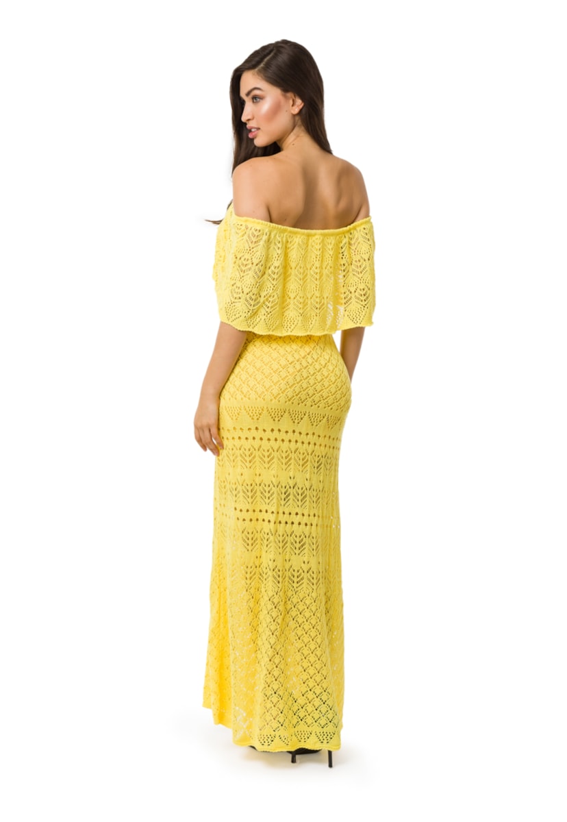 Vestido Pink Tricot Para Festa De Casamento Feminino Ombro a Ombro Longo Amarelo