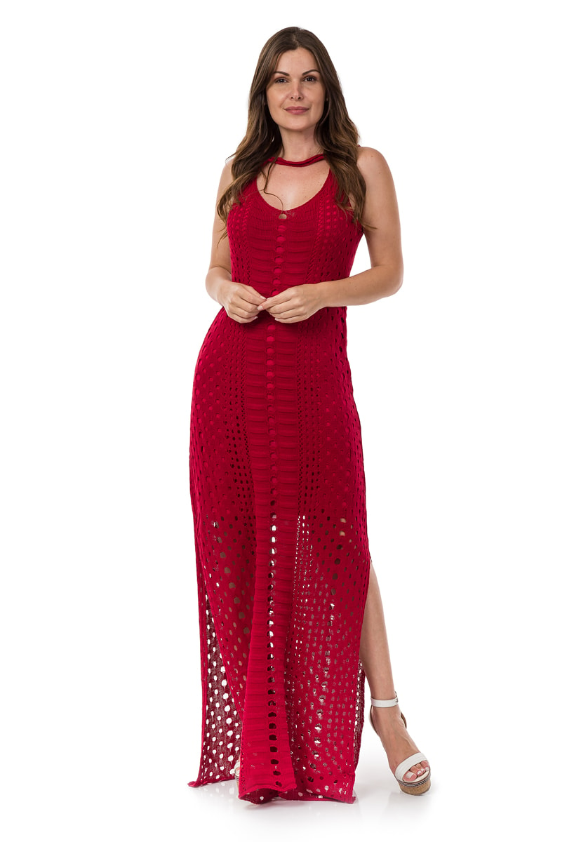 Vestido Pink Tricot Para Festa de Casamento Longo com Fendas Destroyed Feminino Vermelho