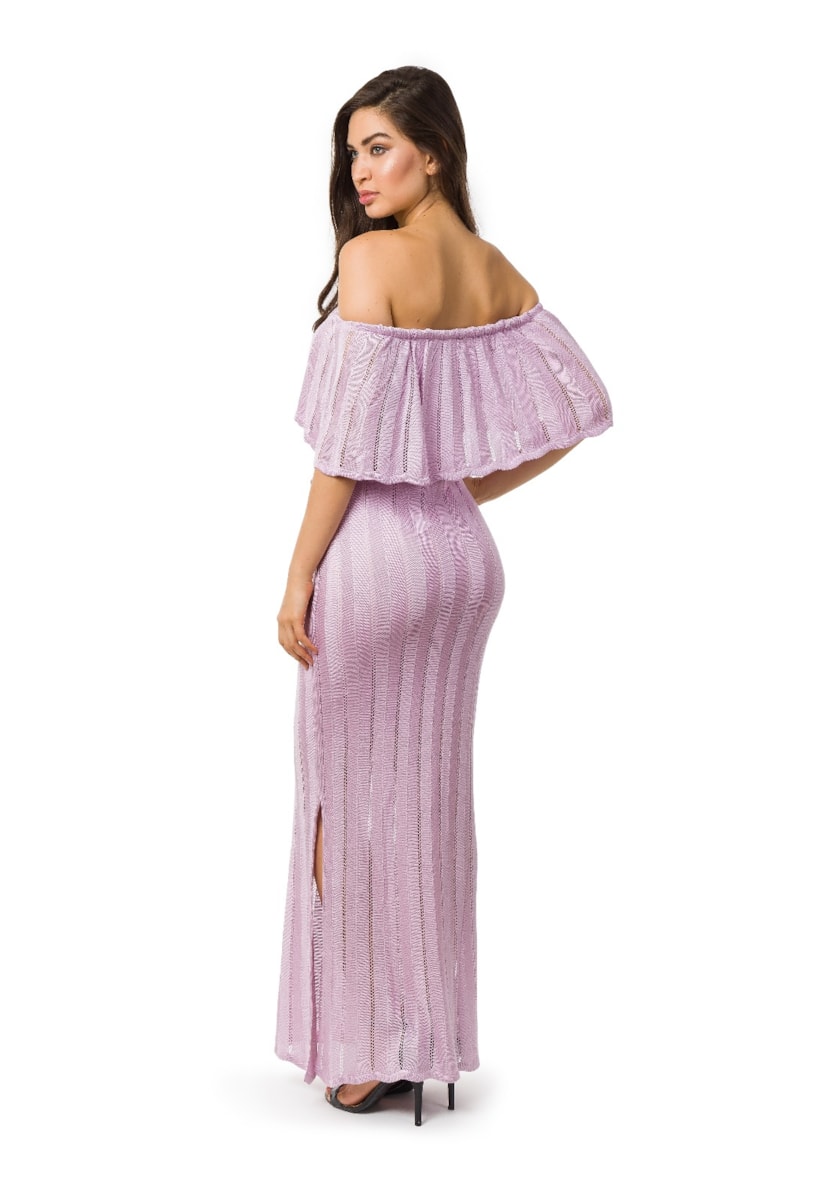 Vestido Pink Tricot Para Festa De Casamento Longo de Tricô Ombro a Ombro Com Fenda Feminino Lilás