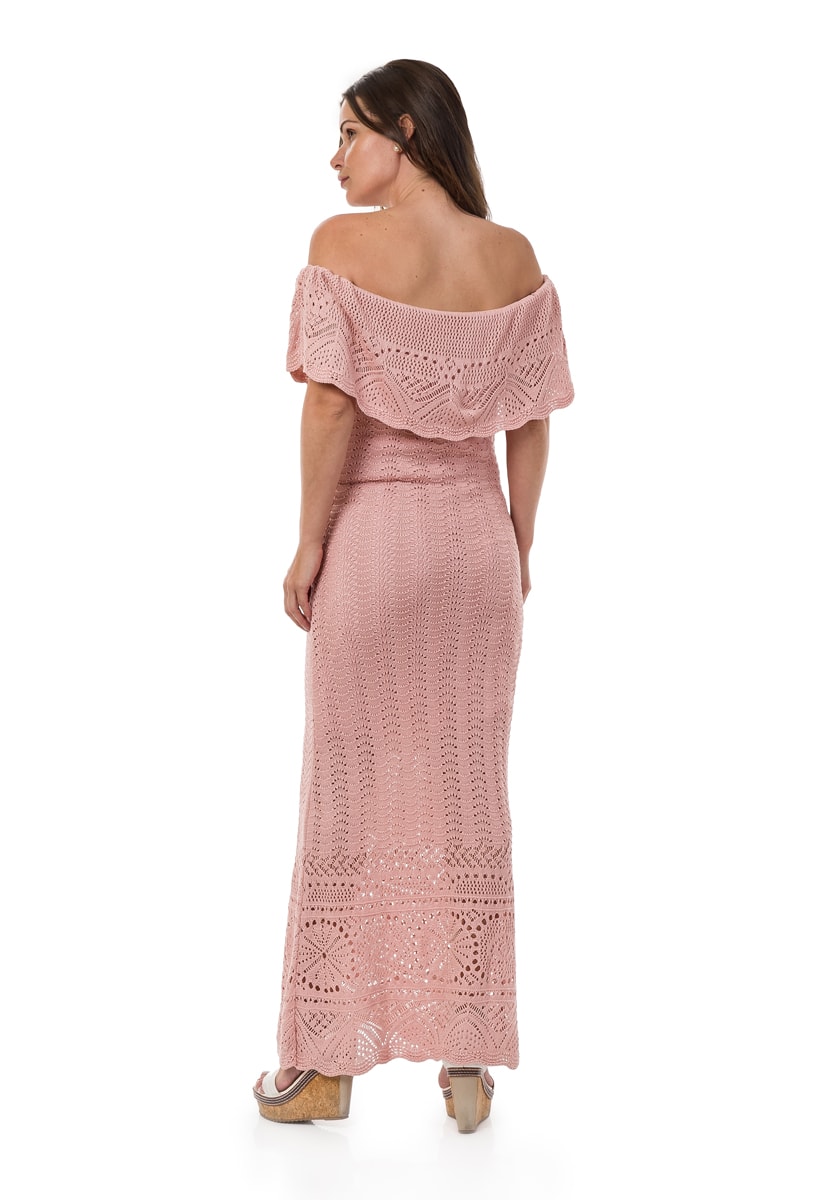 Vestido Pink Tricot Para Festa De Casamento Longo De Tricô Ombro a Ombro Feminino Rosa Claro