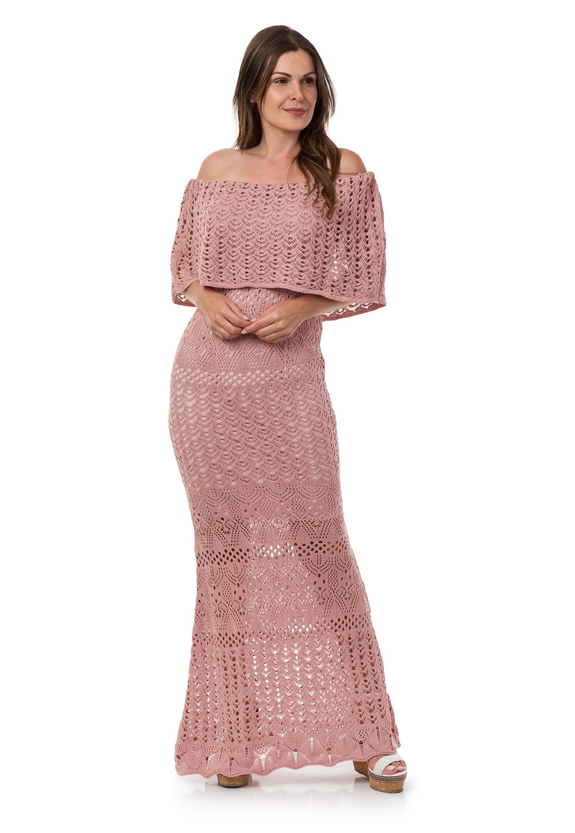 Vestido Pink Tricot Para Festa De Casamento Longo Feminino Ombro a Ombro Sereia Rosa Claro