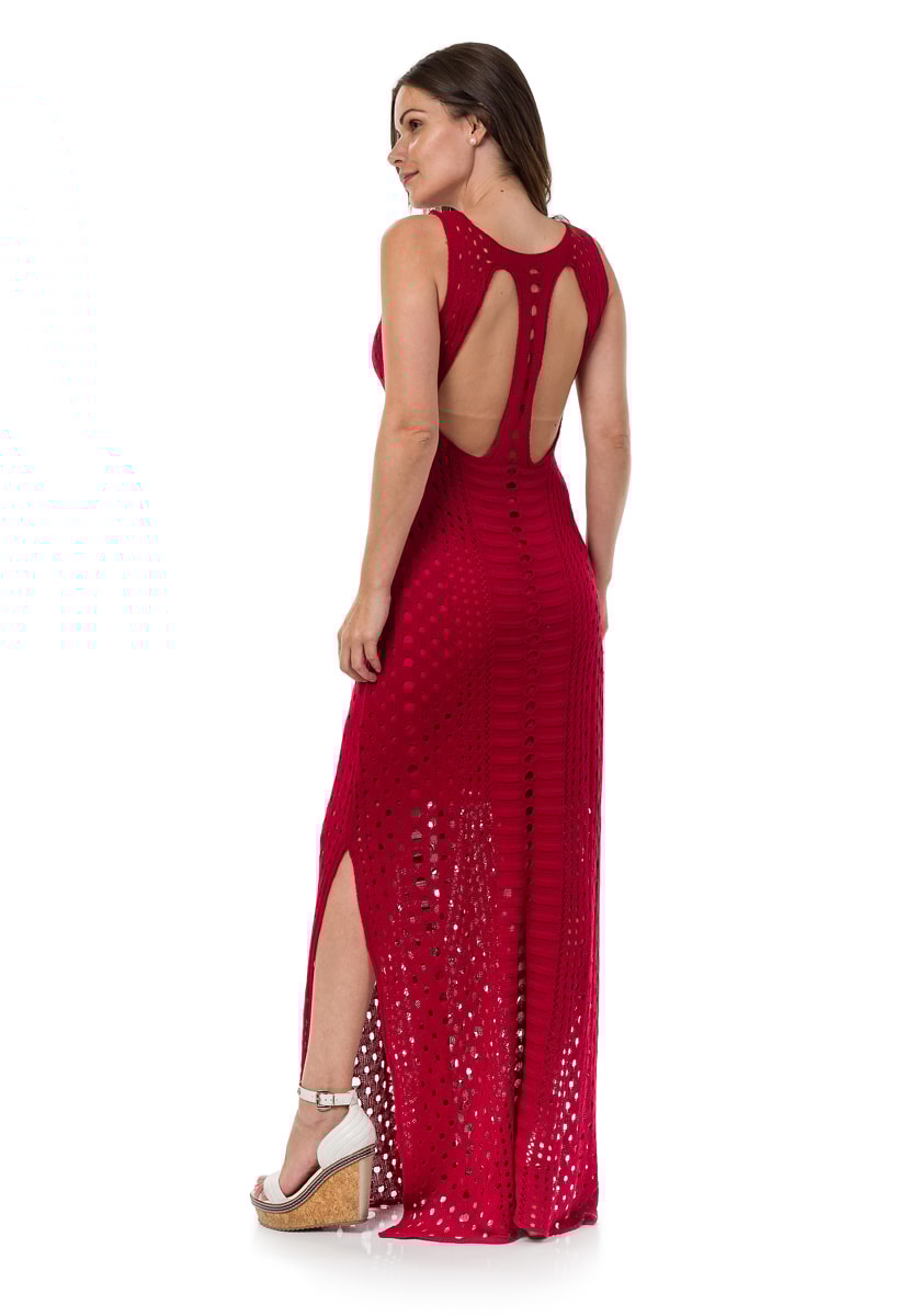Vestido Pink Tricot Para Festa De Formatura De Tricô Longo com Fendas Destroyed Feminino Vermelho