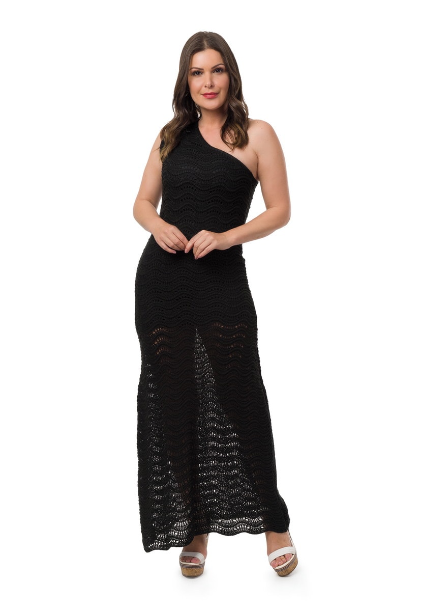 Vestido Pink Tricot Para Festa de Formatura Longo de Tricô Um Ombro Só Feminino Preto