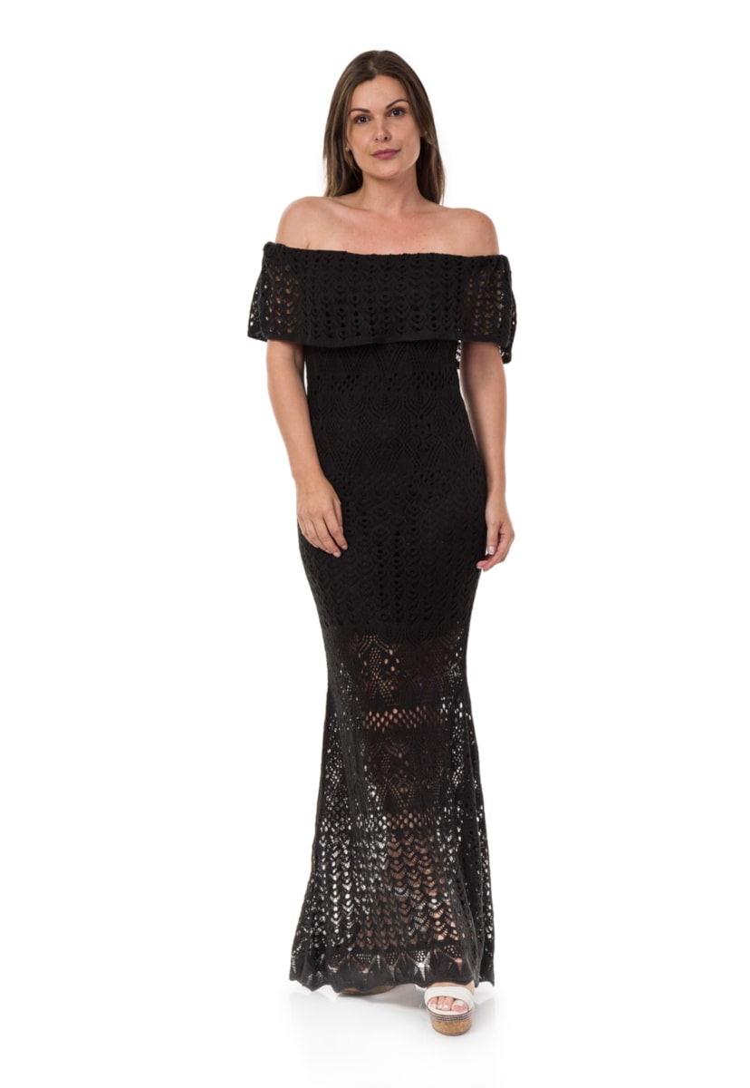 Vestido Pink Tricot Para Gestantes Longo De Tricô Ombro a Ombro Sereia Feminino Preto