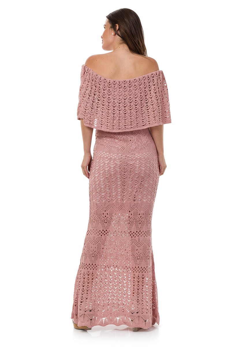 Vestido Pink Tricot Para Gestantes Longo Feminino Ombro a Ombro Sereia Rosa Claro