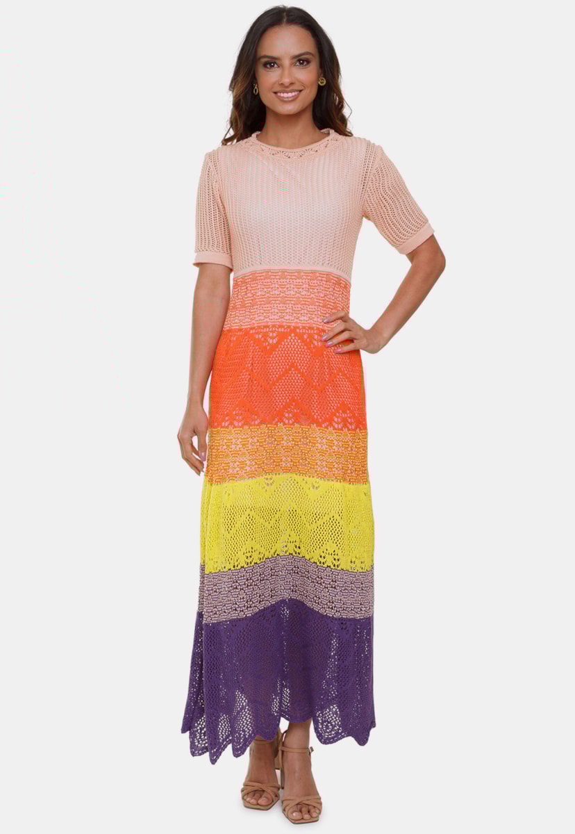 Vestido Pink Tricot Renda Longo Multicolorido Anne Manga Curta e 4 Cores de Tricô Feminino Salmão/Roxo