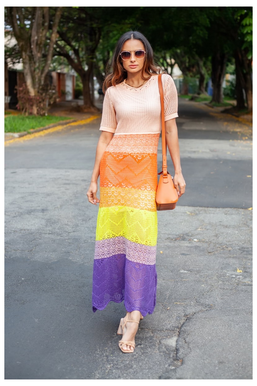 Vestido Pink Tricot Renda Longo Multicolorido Anne Manga Curta e 4 Cores de Tricô Feminino Salmão/Roxo