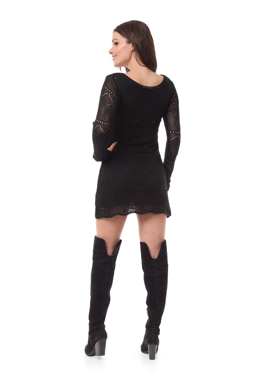Vestido Pink Tricot(Tricô) Curto Manga Longa Feminino Preto
