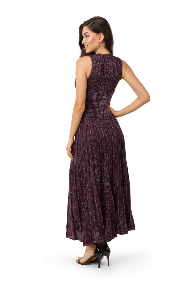 Vestido Pink Tricot (Tricô) Feminino Longo Plissado Com Lurex Liso Roxo