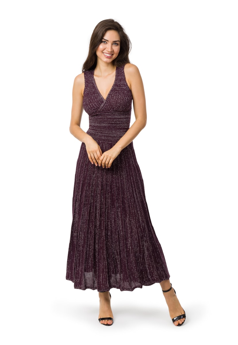 Vestido Pink Tricot (Tricô) Feminino Longo Plissado Com Lurex Liso Roxo